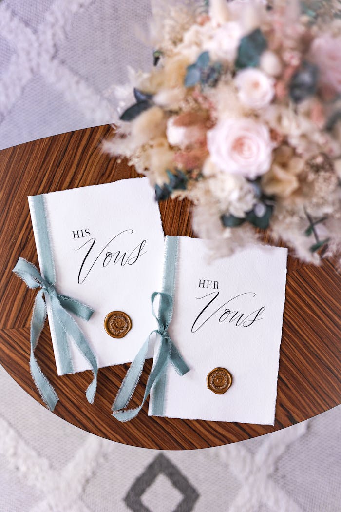 about-us Beautifully styled his and her vow books with a floral bouquet on a wooden table, perfect for weddings.